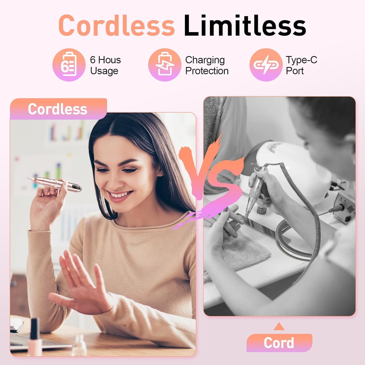 Cordless Nail Drill, Portable Electric Nail Drill 20000RPM Professional Electric Nail File for Acrylic Gel Nails, Rechargeable Nail Machine Home Use for DIY Manicure Pedicure - Gold